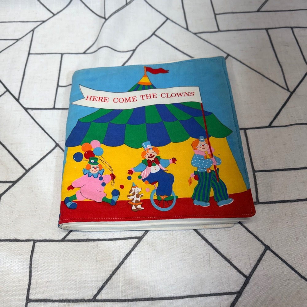 Vintage Here Come The Clowns Soft Fabric Activity Book Multicolor Circus Theme